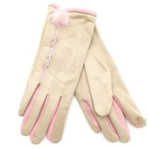 Зимни дамски ръкавици в бежово с пухче и розови пръсти
