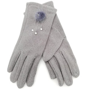 Зимни дамски ръкавици в сиво с пухче и три перли