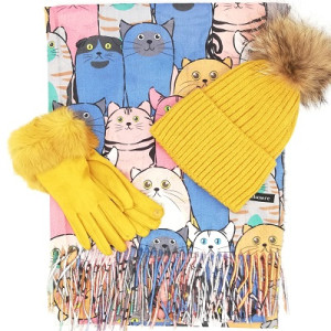 Дамски комплект-Шал с котки, шапка и ръкавици в горчица