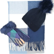 Кашмирен шал, шапка и ръкавици в синьо-Дамски комплект