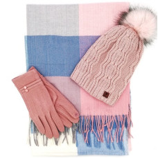 Розов дамски зимен комплект- Кашмирен шал, шапка и ръкавици 