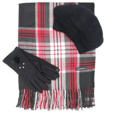 Комплект шал, шапка и ръкавици за жена в черно и червено 