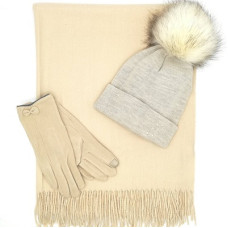Дамски зимен комплект в бежово-Шал, шапка и ръкавици