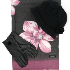 Дамски зимен комплект  с цвете-Шал, шапка и ръкавици в черно