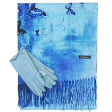 Дамски зимен комплект шал и ръкавици в синьо с пеперуди