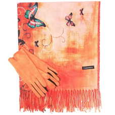 Дамски зимен комплект шал и ръкавици в оранжево с пеперуди