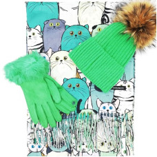 Дамски комплект-Шал с котки, шапка и ръкавици в зелено
