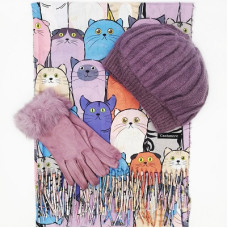 Дамски зимен комплект-Шал с котки, шапка и ръкавици в лилаво