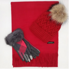 Дамски зимен комплект в бордо-Шапка, шал и ръкавици от естествен косъм