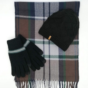 Мъжки зимен комплект-Кашмирен шал с ресни, шапка и ръкавици