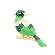 Красива брошка птица в зелено с бляскави камъни-аксесоар за дрехи и шалове 