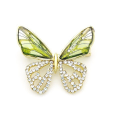Блестяща брошка пеперуда в зелено с бели камъни