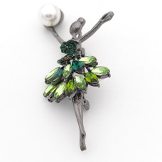 Брошка балерина в зелено с камъни и бяла перла
