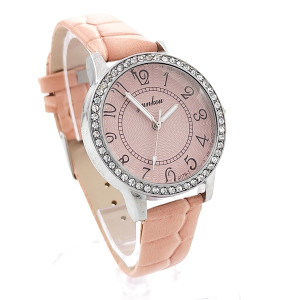 Дамски часовник с цифри в розово с кожена каишка