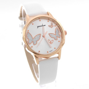 Дамски аналогов часовник в бяло с пеперуди