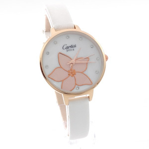 Дамски часовник в бяло с цвете и златист корпус