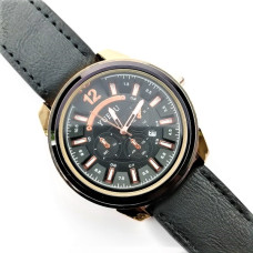 Стилен мъжки часовник в черно с кожена каишка и интересен циферблат