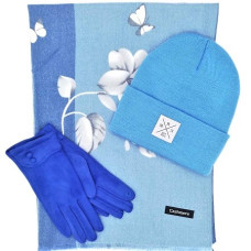 Страхотен дамски комплект в синьо шапка, шал и ръкавици