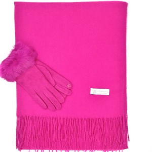 Дамски комплект кашмирен шал и ръкавици в цикламено