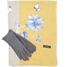 Дамски комплект шал и ръкавици с цветя в горчица и сиво