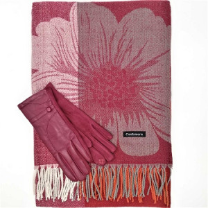 Дамски зимен комплект шал с ресни и ръкавици в цвят бордо
