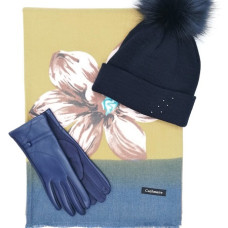 Дамски зимен комплект шапка шал и ръкавици в син цвят