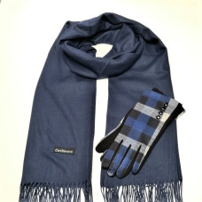 Едноцветен кашмирен шал и ръкавици в син цвят